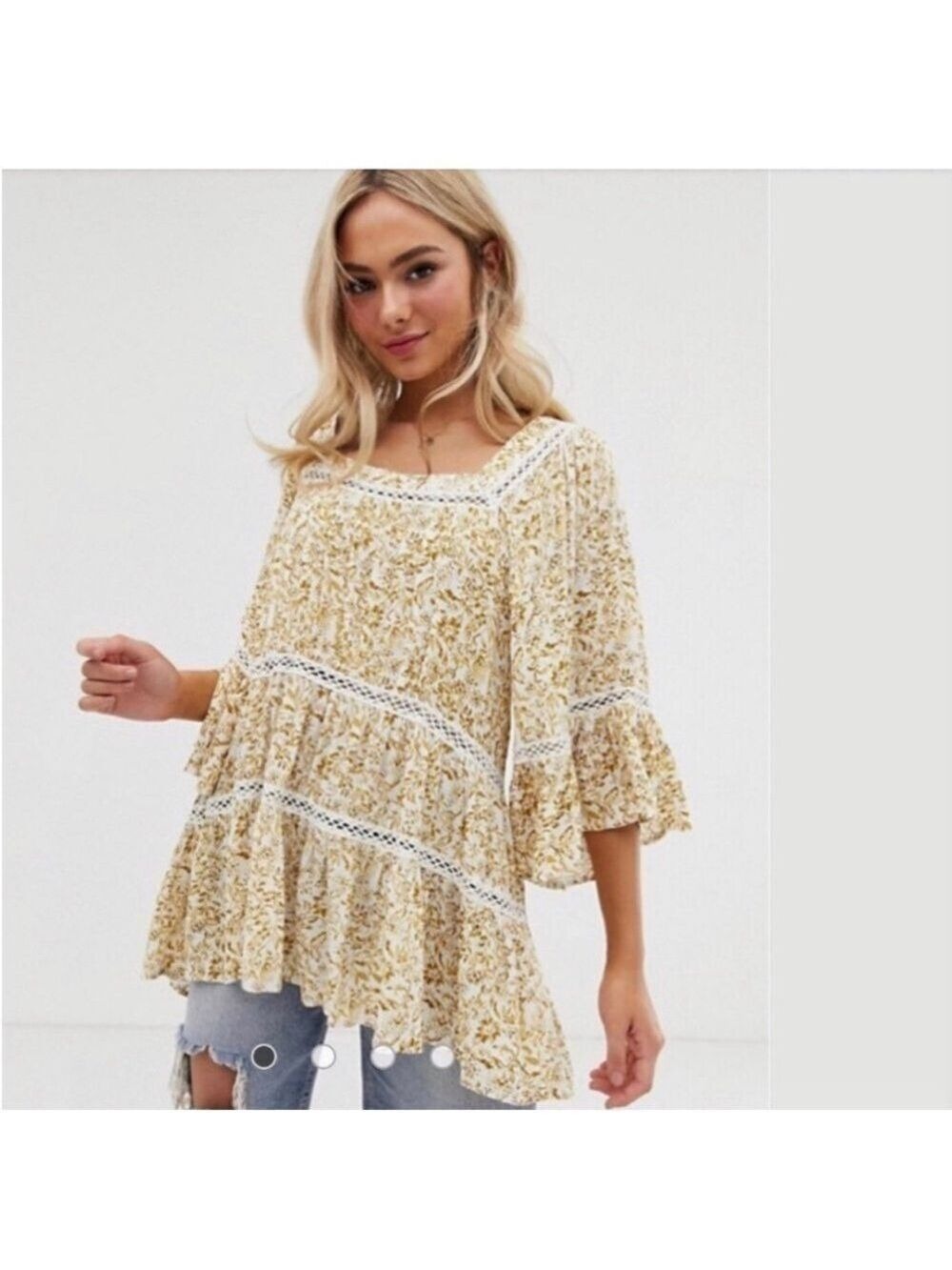 Free People Talk About It Tunic Size XS Yellow Floral Tiered Square Neck
